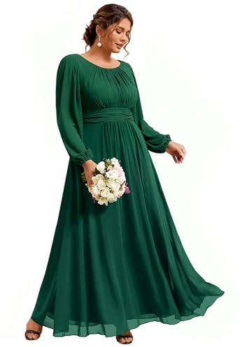 Ever-Pretty Robe Demoiselle d'honneur Femme Longue Manches Longues Col Rond Mousseline Chic Vert Foncé 50
