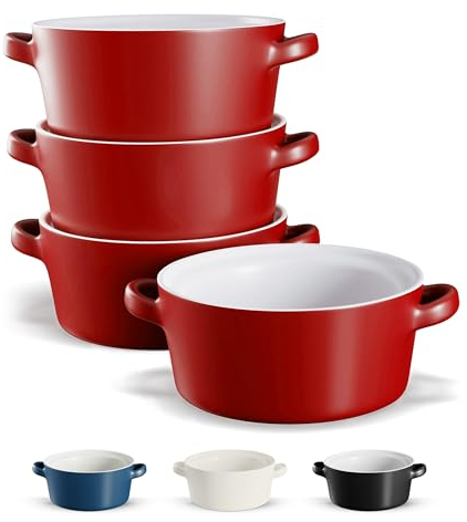 Soup Bowls with Handles, Ceramic Oven Safe Bowls, Kook Individual Soup Crocks, Stackable Dish, Broil, Oven, Microwave and Dishwasher Safe, for Casserole, Pasta, Cereal, 23.6 Oz, Set of 4 (Red)
