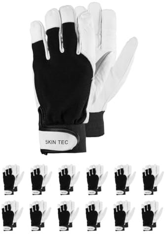 RS SKIN TEC - Guantes de soldador con piel de cabra seleccionada, talla 10, 12 pares/blanco negro/guantes de trabajo, cuero/cuero, guantes de protección, cierre de velcro