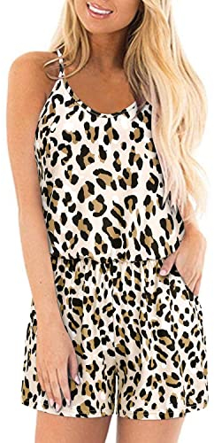 STYLEWORD Jumpsuit Damen Sommer Kurz Ärmellos Blumen Overall Spaghettiträger Strampler mit Tasche(Leopard-401,Groß)