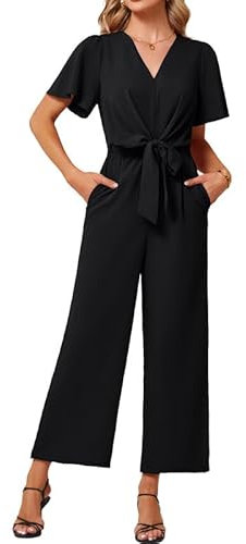 JASAMBAC Jumpsuits for Women Uk Resort Wear 2024 Casual V Neck Short Sleeve Outfits Wide Leg Linen Romper with Pocket for Beach Wedding Guest Outfits
