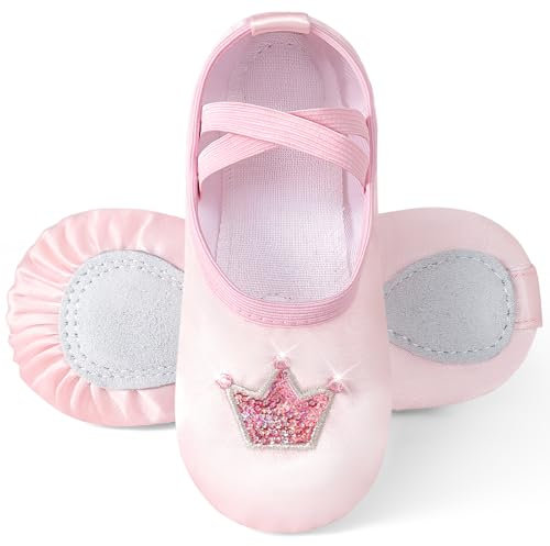 Comfyouth Zapatillas de ballet para niña, de satén, con corona brillante, suela dividida, zapatos de danza, sandalias de ballet para niños, sin corbata, zapatos de bailarina, Rosa., 24 EU