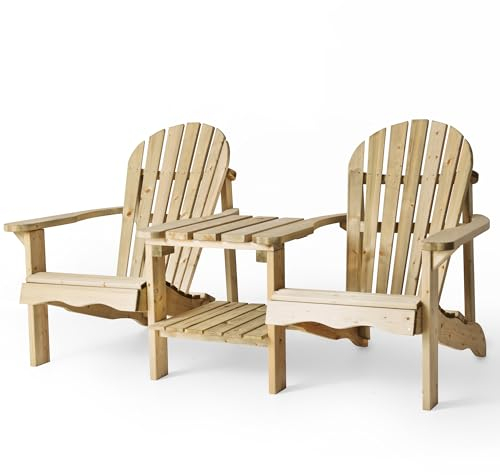 Amata Double Adirondack Stuhl mit Tisch für Draußen, UNGURS Collection - Komfort für Zwei - Wetterfester Holzstuhl für Terrasse, Hinterhof und Garten Feuerstellen - Ergonomisch und Langlebig (Holz)