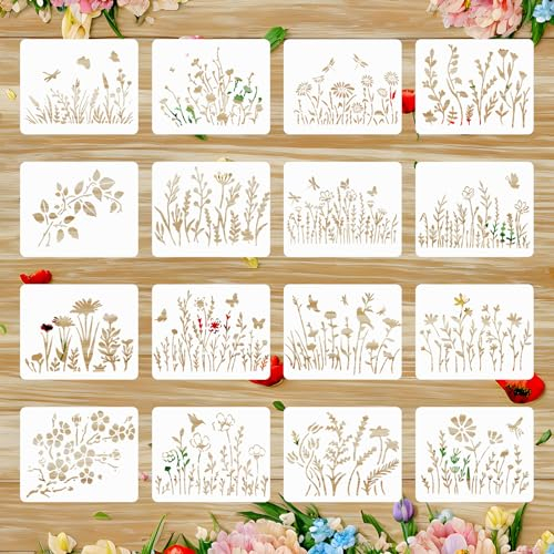 Ymapinc 16 Stück Blumen Schablone Wiederverwendbare Wildblumen Schablonen 16x13cm Schablonen Natur Blumen Vorlagen Plant Schablone für DIY Handwerk Heimdekoration Scrapbooking Malerei