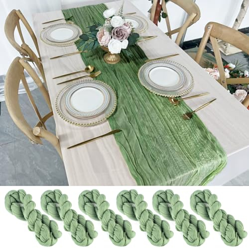 SXUUXB 6 Stück Salbeigrün Tischläufer Boho Gaze, 90 x 300cm Musselin Waschbar Table Runner, Käsetuch Tischdeko, Tischdecke Dekoration für Babyparty, Hochzeit, Brautparty, Gartenparty