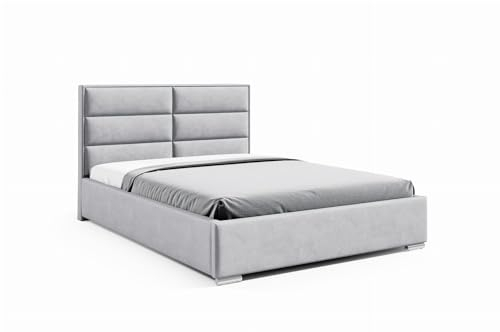 LIKMA Polsterbett Silber 140x200 cm mit Stauraum Verchromte Füße Doppelbett mit Kopfteil 11 cm Gepolsterter Stoffett mit Gaslift Stoffbett Bettgestell Ohne Matratze Stoff: Riviera 80