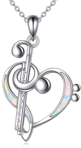 POPLYKE Sterling Silber Flöte Opal Herz Anh?nger Halskette Musikliebhaber Geschenke Schmuck für Frauen Her