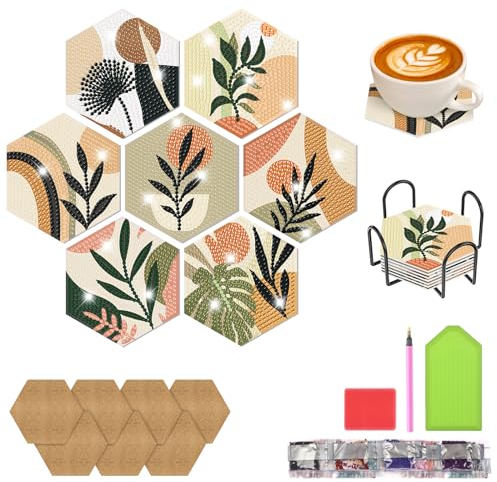 QENSPE 7 Pcs Kit Dessous de Verre en Peinture Diamants, Sous Verres Hexagonaux Diamond Art, DIY 5D Diamants Dessous de Verre avec Base en Liège et Support pour Adultes Débutants - Plantes Abstraites
