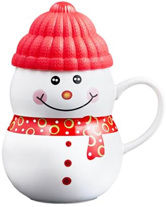 Weihnachten Tasse, Keramik-Teebecher in Schneemannform mit Weichem Kunststoffdeckel aus C-Material in der Gleichen Farbe, 400ml (Rot)