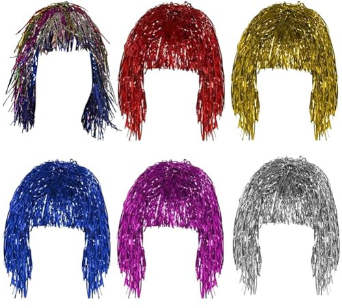 JIHUOO 6 Stück Lametta-Perücken aus Folie, glänzend, Party-Perücke, metallisches Kostüm, Cosplay, Perücke, bunte Perücke für Party-Performance-Requisiten