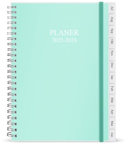 Planer 2025–2026 – Monatsplaner von Juli 2025 bis Juni 2026, 15,9 x 21 cm, 12 Monats-Register, 14 Notizseiten, Innentasche, flexibler Einband mit Doppeldrahtbindung, Planer 2025–2026, Blaugrün