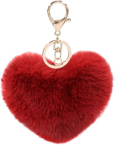 MVKZFE Porte-clés en fausse fourrure avec pompon en forme de cœur - Accessoire de sac à dos - Pour femme et fille, rouge vin