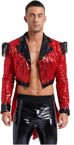 dPois Herren Glitzer Zirkus Ringmaster Kostüm Langarm Frack Jacke Pailletten Tuxedo Mantel Halloween Fasching Mottoparty Kostüm Rot XL