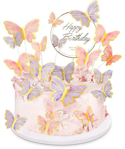 Belegao 21 Pcs Cake Toppers Butterfly, Cake Decorations Pink & Purple Gold Edge Cupcakes Muffins Party Supplies for Birthday, Wedding, Valentine's Day, Bridal, Engagement, Mother's Day, Baby Shower