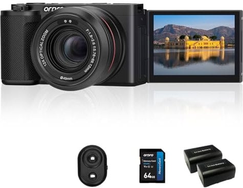 ORDRO G730 5K 64MP HD Vlog Micro-Einzelkamera, 12-Fach optischer Zoom Vlogging-Camcorder mit 3,2-Zoll-IPS-Touchscreen, WDR, WLAN für YouTube (Schwarz)