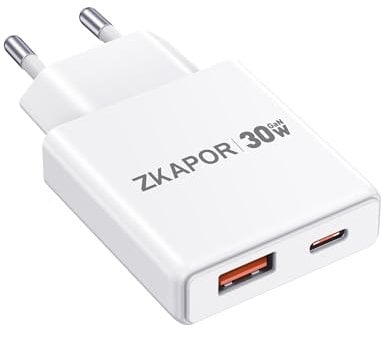 ZKAPOR Chargeur USB C, Prise 30W Secteur Rapide 2 Port Adaptateur USB A Type C Secteur pour iPhone 16/16 Pro/16 Pro Max/16 Plus /15/14/13/12/11/SE, Samsung Galaxy S24 S23, Huawei, Pad Pro/Air, Pixel