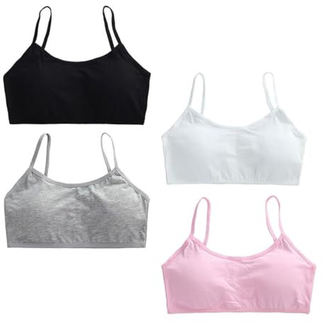 FUIPVGI 4 PCS Bustier per Ragazze Reggiseno da Allenamento Ragazze Cotone Adolescenti Bambine Sportivo con Schiena Spalline Spaghetti per 8-14 Anni (IT, età, Taglia Unica, Regular, 4 PCS)