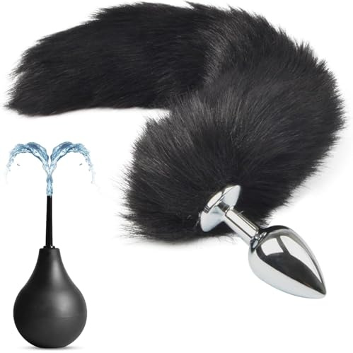 BDSMAGE Analplug Metall mit Fuchsschwanz + 89 ML Analdusche für Analverkehr,Buttplug Analspielzeuge Plugs Sexspielzeug Set erotisches Sex Spielzeug ab 18 für Paare Frauen extrem sex (Schwarz)
