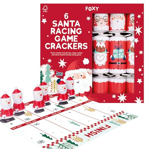 Celebration Crackers Foxy Santa Racing Game Knallbonbons für Weihnachten, FSC-zertifiziert, recycelbare Verpackung, Weihnachtsmann-Rennfahrer zum Aufziehen, 15,2 x 30,5 cm
