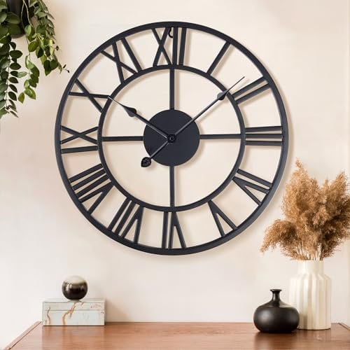 Lafocuse 40cm Wanduhr Große Metall Schwarz Lautlos mit 2 Paar Zeiger, Vintage ohne Tickgeräusche Wanduhr mit Römischen Ziffern, Wanduhren Gross Deko für Wohnzimmer Küche Schlafzimmer Büro