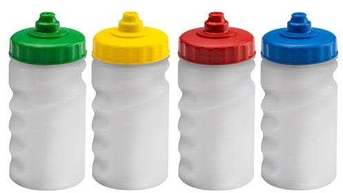 Foxberry 300ml Children's Small Reusable Water Bottles - 4 Pack - Hands Free Lid - Spill Proof - Leakproof Spout - BPA Free - Dishwasher Safe - Sports - School - Clubs (Green Yellow Red Blue)