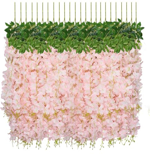 jabeick 12 PCS Wisteria Hanging Flowers, 3.6ft Fake Wisteria Vines Artificial Wisteria Garland Silk Flower String for Wedding Arch Garden Party Home Ceiling Wall Backdrop Tent Decoration (Light Pink)