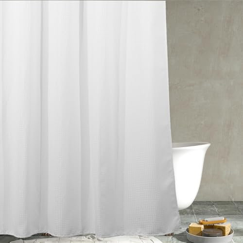Rideau de douche extra long blanc : rideau de douche en tissu gaufré robuste pour salle de bain – Imperméable et lavable – Rideau de bain en polyester épais – 183 x 200 cm de hauteur