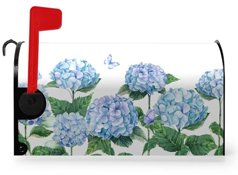Dacawin Magnetische Briefkastenabdeckung, Hortensien-Blumen, Frühling, Sommer, Blau, Blumenmuster, Standard-Größe, 45,7 x 53,3 cm, für den Außenbereich, für Garten, Hof, Heimdekoration
