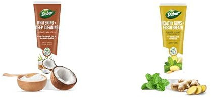 Dabur Organic Coconut Oil - Baking Soda + Ginger & Mint Toothpaste (100 ml) Teeth Whitening Toothpaste Fights Plaque, Stains, Bad Breath & Bacteria - Deep Cleanse, Paraben Free, SLS Free, No Alcohol
