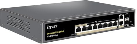 Ztyuav Commutateur PoE non géré à 12 ports Gigabit complet avec 8 ports PoE+ à 120 W, 2 emplacements de liaison montante et 2 emplacements SFP IEEE802.3af/at, QoS, PD détection automatique, mode VLAN