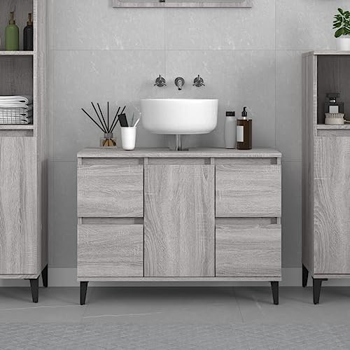 Myheimly Waschbeckenunterschrank, Waschtischunterschrank mit Stauraum,Unterschrank Metallbeine für Badezimmer, Badschrank Badezimmerschrank, Holzwerkstoff Grau Sonoma