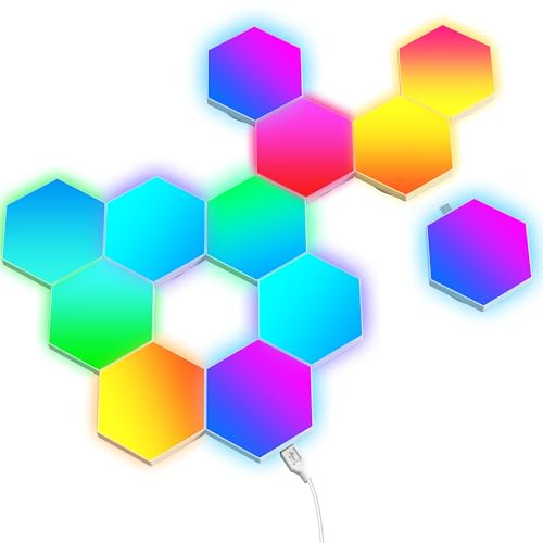 TECKNET Hexagon LED Lights,12 Pack RGB Gaming Hex Wall Light Panels Sync to Music,Smart Lights with APP & Remote & Wired Control for Room Bar Bedroom Home Gaming Room Decor Present
