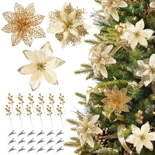 Hobyhoon 30pcs Poinsettia Christmas Decorations,3 kinds Christmas Tree Flowers,Gold Poinsettia Artificial Glitter Flowers for Home DIY Xmas Wreath Holiday Party(Gold)