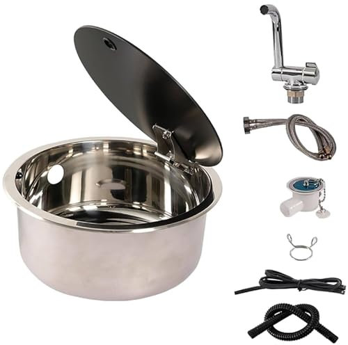 CHBMZ Fregadero de un Solo Seno para Caravana con Grifo Plegable y Tapa de Vidrio Templado, Lavabo Redondo de Encastre, para Cocina de Caravana o Autocaravana