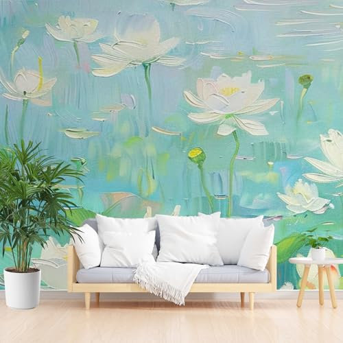 Kntnshac Peinture À L'Huile de Fleurs de Lotus Papier Peint Panoramique 3D 200 x 140 cm (L x H), Feuille de Lotus Gousse de Lotus Papier Peint, Décoration Murale Pour Salon, Chambre