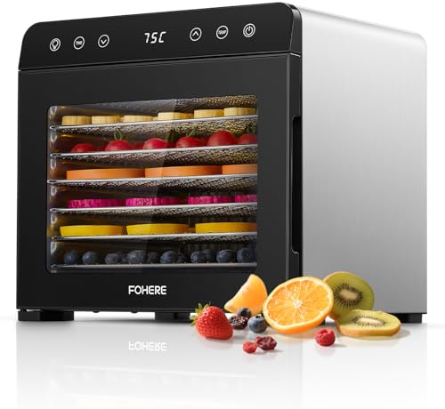 FOHERE Essiccatore Alimentare, 8 Vassoi in Acciaio Inox, Di Temperatura da 35 a 75℃, Funzione Timer Fino a 48 ore, Senza Bpa, Per Frutta, Jerky, Verdure, Carne, Erbe, Snack Per Animali