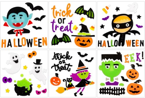 SKOOLOVE 6 Stück Halloween Gel Fensteraufkleber, Hexe, Geist, Süßes oder Saures, Fledermäuse, Kürbisse, Schwarze Katze, für Fensterglasdekorationen, Halloween Partydekorationen