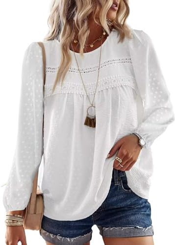 TUUHAW Top Femme Boho Col Rond Chemise Manches Longues Dentelle | Blouse Haut Chic et Élégant Chemise Automne, Tunique à Point Suisse, T-Shirts Mousseline Hauts Décontracté Loose