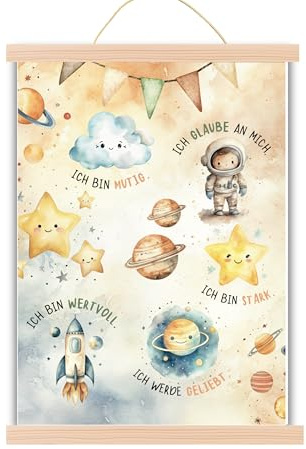Mutzauber® Poster Affirmationsposter A3 Astronaut Weltall Galaxis Kinderzimmer Jungen Mädchen Bilder Motivation Sterne Planeten Kinder Wandposter (A3 Astronaut inkl. Rahmen)