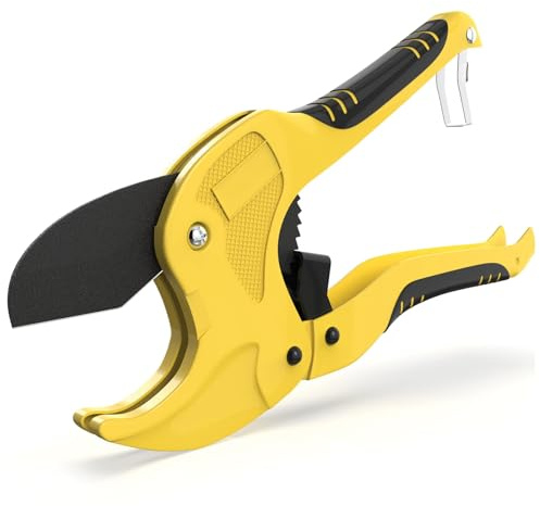 DOETYD 42mm Heavy Duty Plastic Pipe Cutter, Ratchet Action Pipe Cutter Tool for PVC PEX PPR Plastic Tubing and Rubber Hoses, with Ergonomic Non-Slip Handle and Secure Safety Lock (Yellow)
