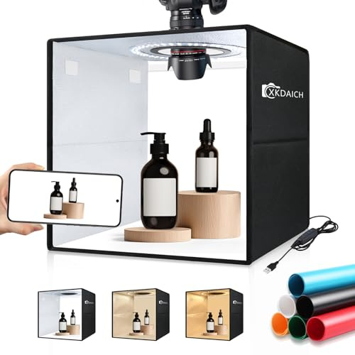 XKDAICH Boîte de studio photo pliable portable de 30,5 x 30,5 cm avec anneau lumineux à intensité variable, 3 températures de couleur et 6 toiles de fond pour photographie de produits, vidéos YouTube