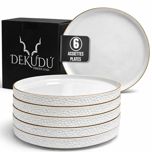 DEKUDÙ Set Piatti Moderni Piatti Piani Ceramica Gres di Qualità - Realizzata a mano - 6 pezzi ∅ 25,5 cm - Elevata durezza - Lavabile in lavastoviglie e Adatto microonde - Stile moderno - Bianco