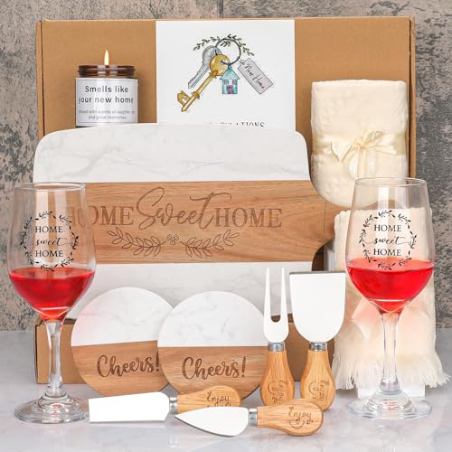 Housewarming Gifts New Home,Luxury Gift Set with Marble & Acacia Chopping Board, Cheese Knife Set, Wine Glasses, Coasters, Candle & Towels, New Home Gift Box for Couples