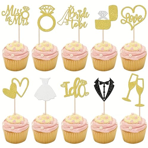 Koboko 20 Stück Cupcake Topper Hochzeit, Glitzer Tortendeko Hochzeit, Gold Kuchen Deko Hochzeits, Ringe Muffin Deko,Glitter Diamanten Hochzeitstorte für Hochzeit Verlobung Brautparty