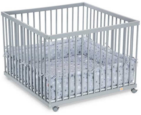 FabiMax Baby Laufgitter 100x100 Grau lackiert, stufenlos höhenverstellbar, mit Schlupfsprossen, Laufstall aus massivem Buchenholz (Sterne Mix)