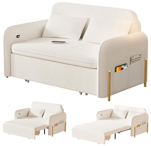 Gryphvex Convertible Sofa Bed, 70 Inch Pull Out Futon Couch with USB Charging Station, Space-Saving Folding Loveseat Sleeper for Small Apartment, Guest Room and Bedroom Weiß