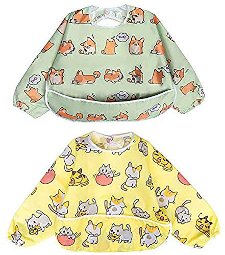 Little Dimsum Lätzchen Baby Lätzchen mit Ärmeln, Lätzchen Wasserdicht Abwaschbar Ärmellätzchen, Baby Bibs Set für Kleinkinder mit Großer Tasche (6-36 Monate) - 2er-Pack
