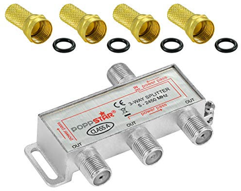 Poppstar Partitore SAT TV 3 Uscite con Connettori F (analogo/digitale/BK/unicable/HD/4K) Splitter per Antenna TV satellitare, Televisore, Radio, LNB
