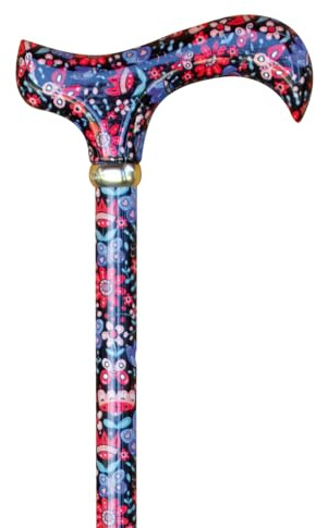 Gehstock Fashion-Derby FOLKFLOWERS, Derbygriff aus Gießharz mit floralem Design, Stock stabiles Leichtmetall, höhenverstellbar, Mesingring,Gummipuffer