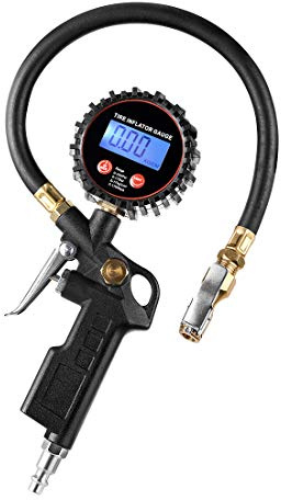 CZC AUTO Digital Tire Inflator Pressure Gauge, LED Display Tyre Deflator Gage with Straight Brass Lock-on Chuck Rubber Hose, Compatible with Air Pump Compressor for Truck Bus RV Car Motorcycle Bike